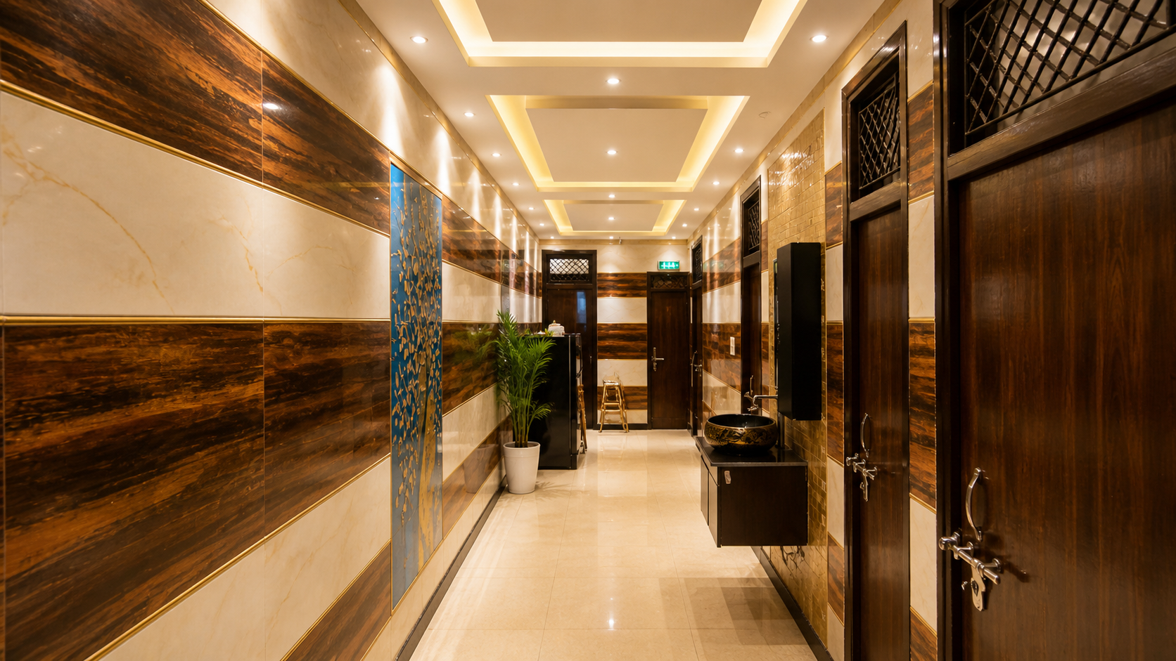 Well-lit PG corridor with wood paneling